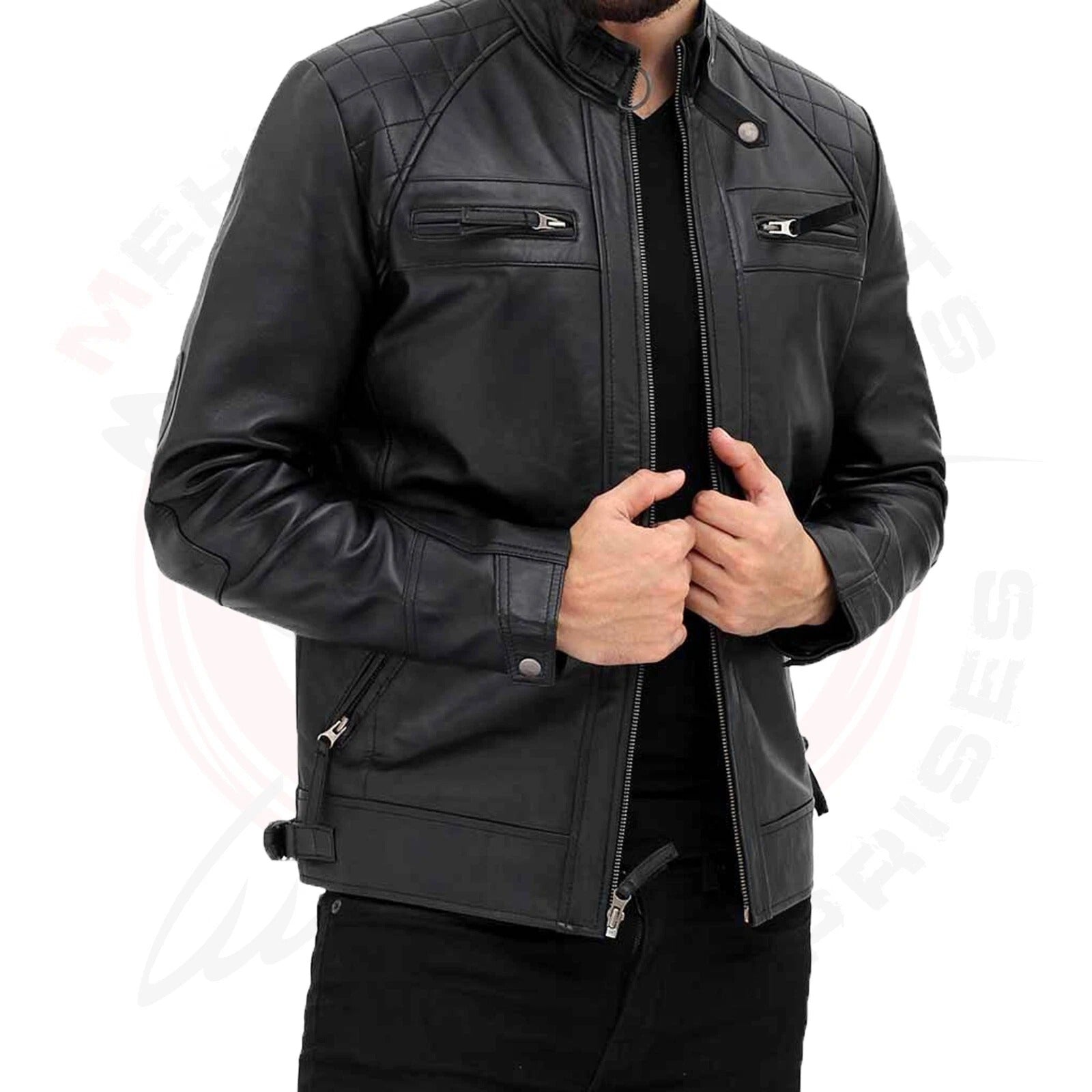 Men's Café racer Style Biker Motorcycle Leather Jacket Genuine Sheepskin Leather