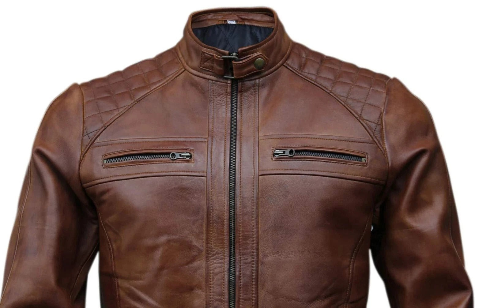 Men's Café racer Style Biker Motorcycle Leather Jacket Genuine Sheepskin Leather