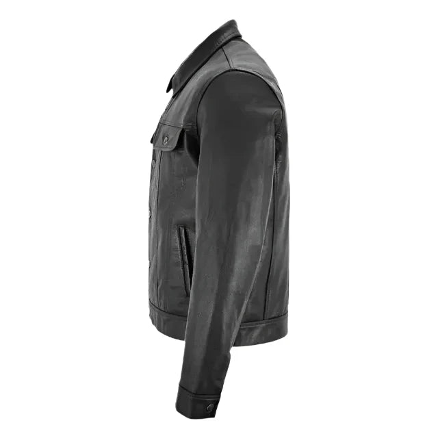Mens Black Leather Trucker Jacket