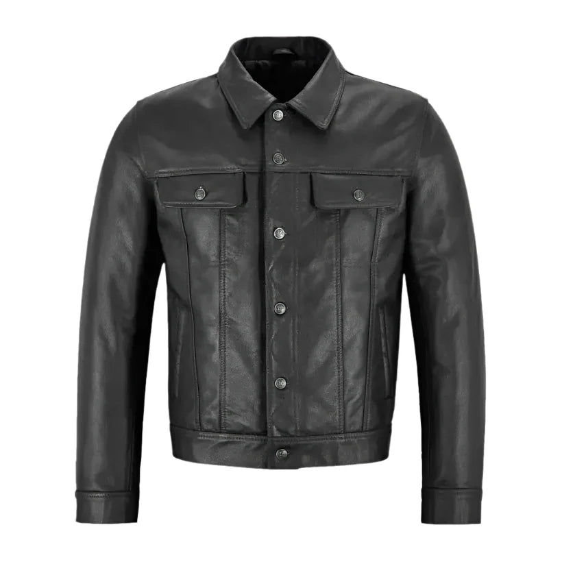 Mens Black Leather Trucker Jacket