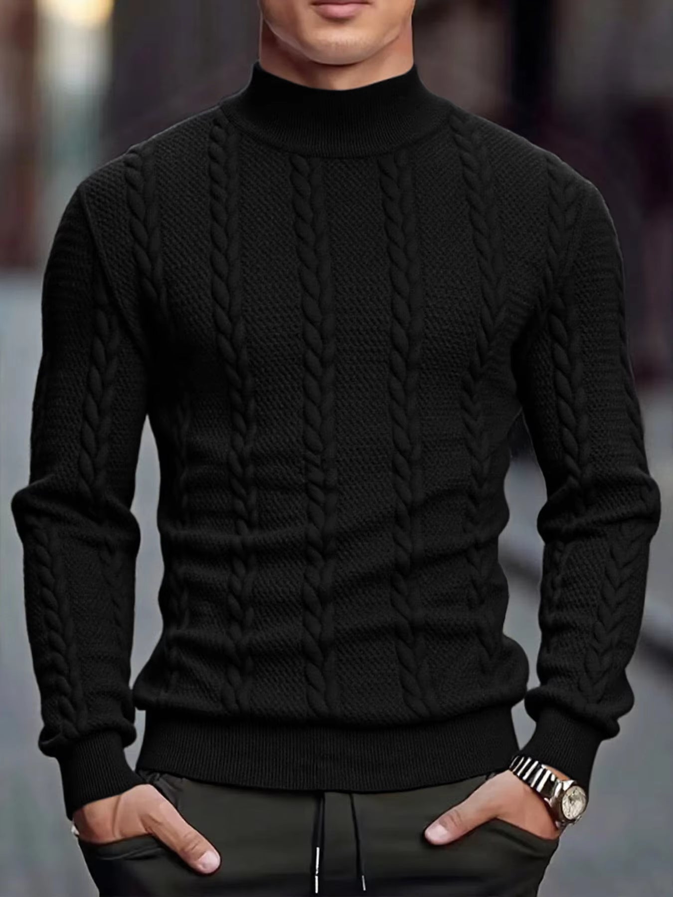 Men's Knitted High Collar Sweater Casual Vintage Twist Knitwear Sweater Tops Winter Solid Color Slim Fit Warmth Sweater Tops