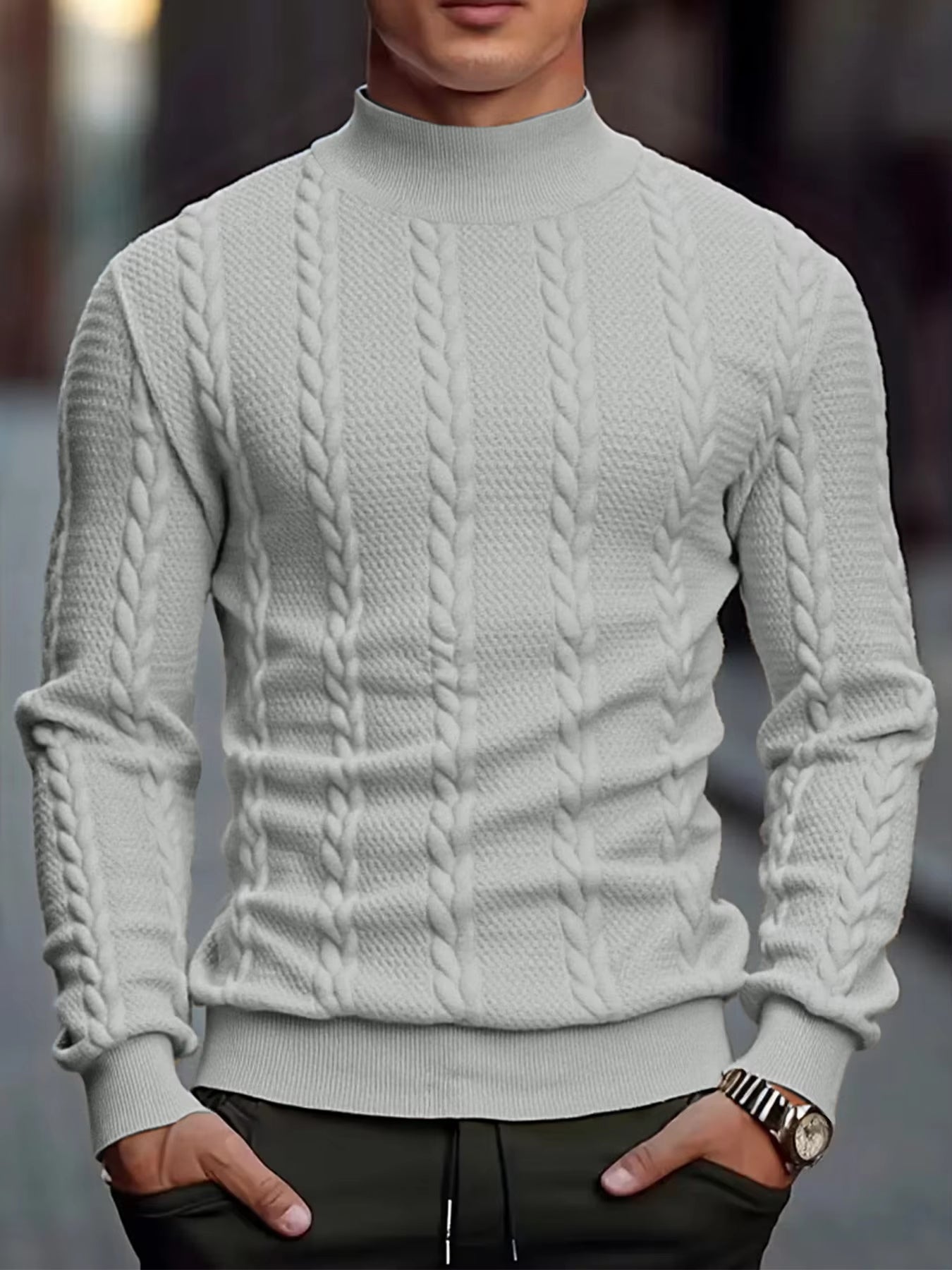 Men's Knitted High Collar Sweater Casual Vintage Twist Knitwear Sweater Tops Winter Solid Color Slim Fit Warmth Sweater Tops