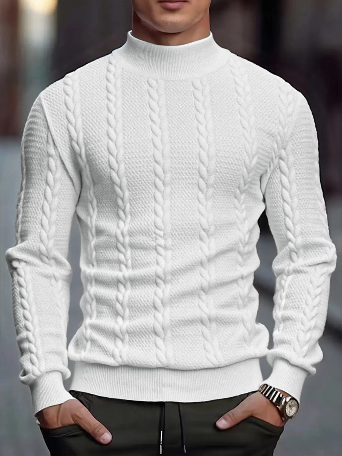 Men's Knitted High Collar Sweater Casual Vintage Twist Knitwear Sweater Tops Winter Solid Color Slim Fit Warmth Sweater Tops