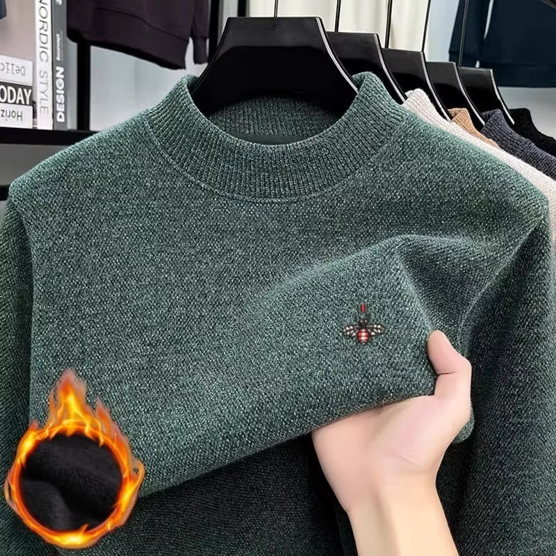 Winter New Men's 100% Merino Wool Little Bee Embroidered Ribbed Collar Soft High Quality Knitted Warm Fashion Sweater