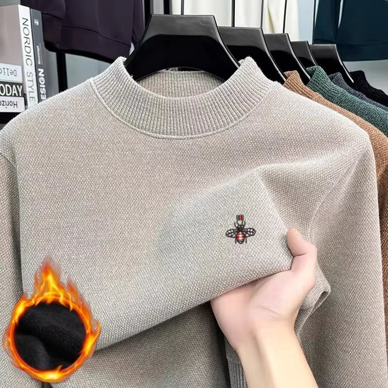 Winter New Men's 100% Merino Wool Little Bee Embroidered Ribbed Collar Soft High Quality Knitted Warm Fashion Sweater