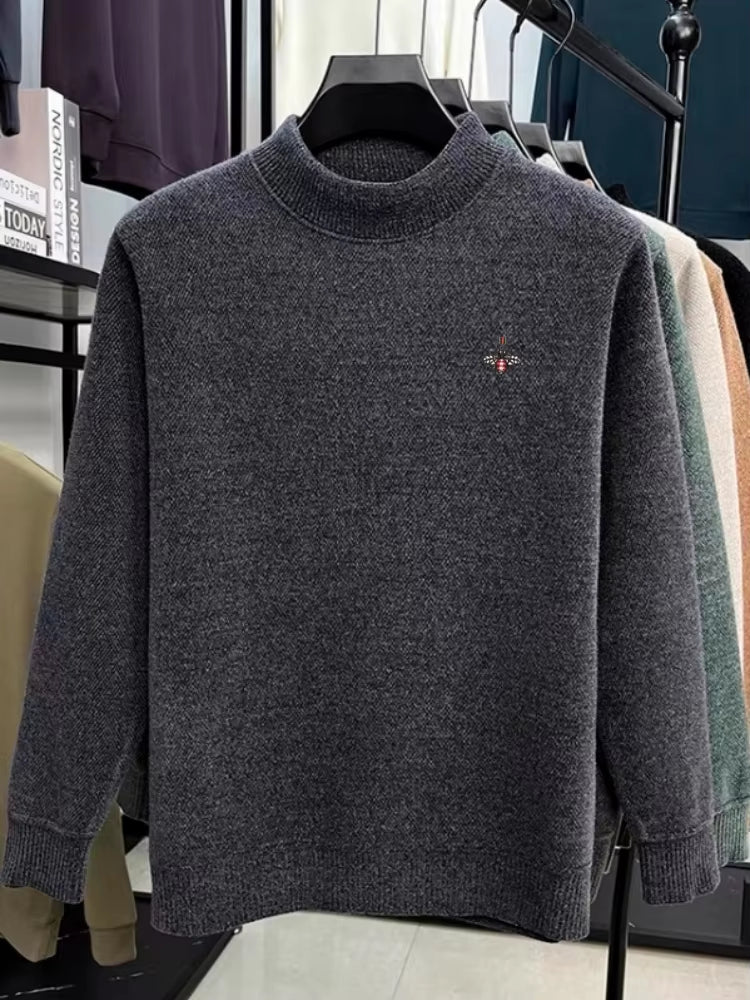 Winter New Men's 100% Merino Wool Little Bee Embroidered Ribbed Collar Soft High Quality Knitted Warm Fashion Sweater