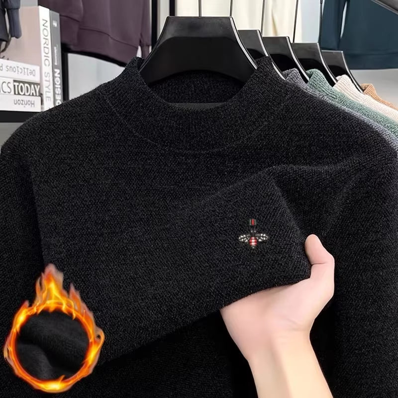 Winter New Men's 100% Merino Wool Little Bee Embroidered Ribbed Collar Soft High Quality Knitted Warm Fashion Sweater