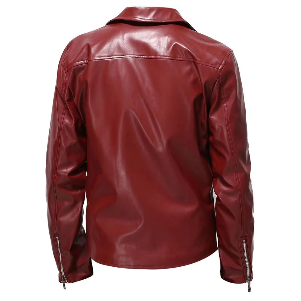 Men's Motorcycle PU Leather Jacket Fashionable Solid Color Slim Fit Zipper Long Sleeved Lapel Leather Jacket Men's Clothing
