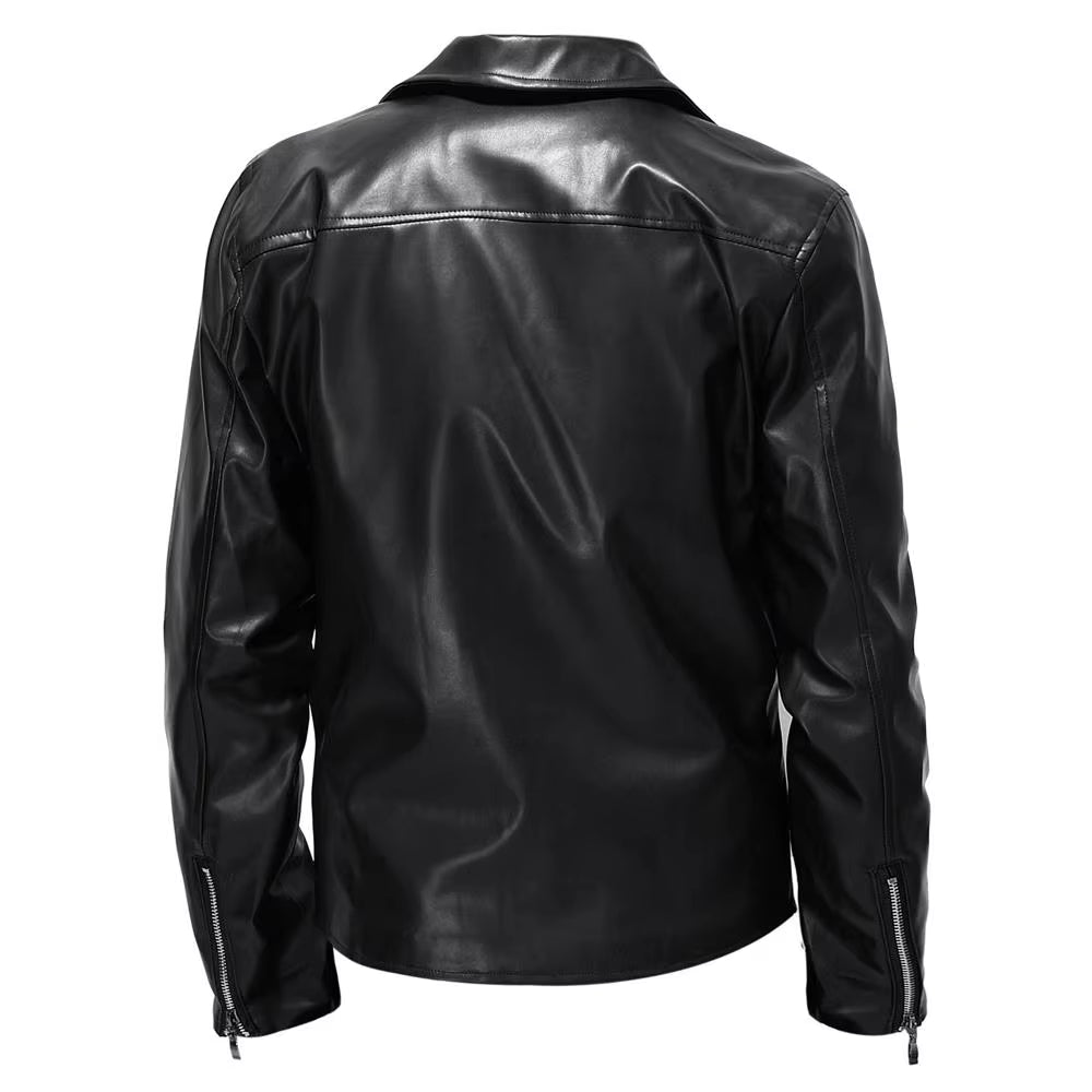 Men's Motorcycle PU Leather Jacket Fashionable Solid Color Slim Fit Zipper Long Sleeved Lapel Leather Jacket Men's Clothing