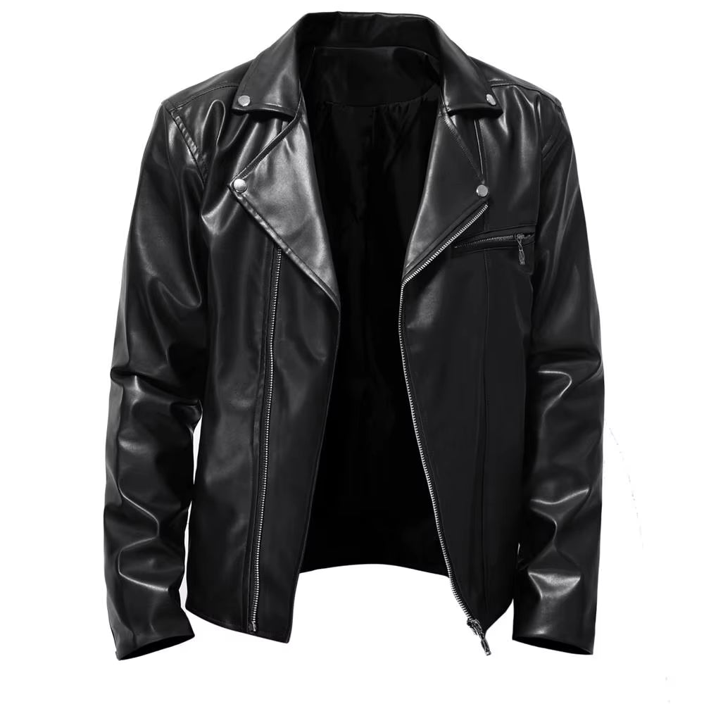 Men's Motorcycle PU Leather Jacket Fashionable Solid Color Slim Fit Zipper Long Sleeved Lapel Leather Jacket Men's Clothing