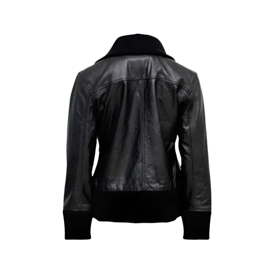 Women’s Black Leather Four-Pocket Bomber Jacket-2